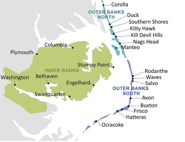 Figure 1. The Outer Banks (blue) and Inner Banks (green) of Nort